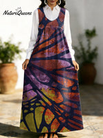 Women's Retro Splicing Colorful Flowers Pattern Art Print Casual Cotton Denim Dress