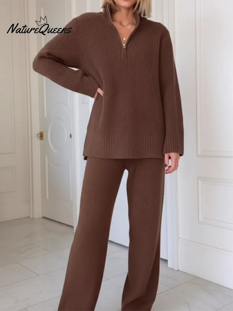 Cozy Travel Daily Zip-Up Knit Top and Pants Two-Piece Set