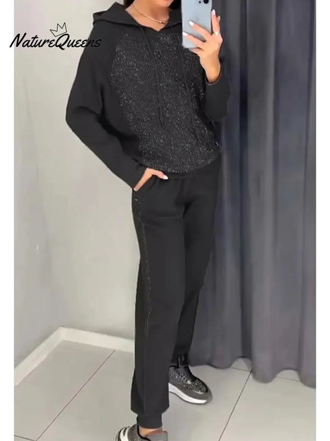 Women's Casual Shiny Cotton Hooded Sweatshirt And Pants Two-piece Set