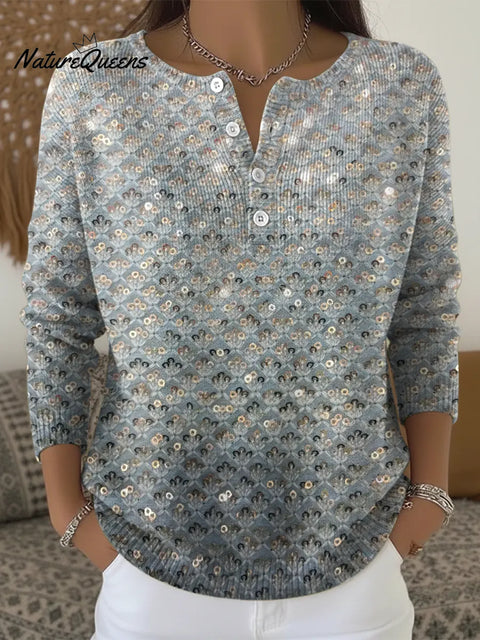 Gradient Sequins Print Buttoned Cardigan Sweater