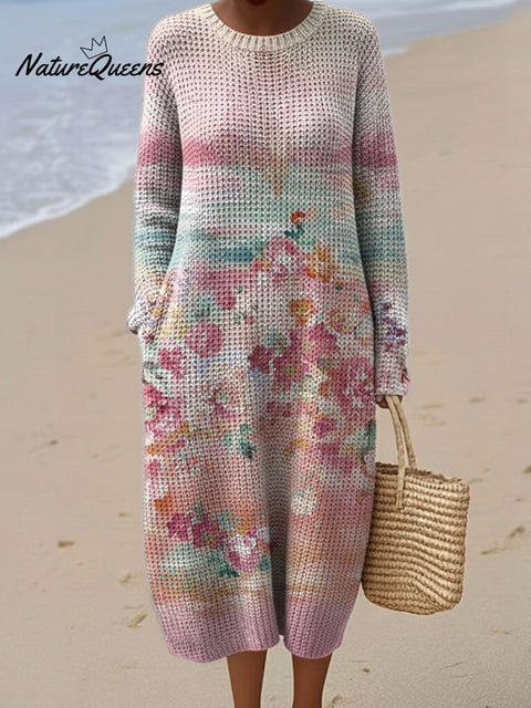 Women's Flowers Abstract Pattern Casual Round Collar Long Sleeve Dress