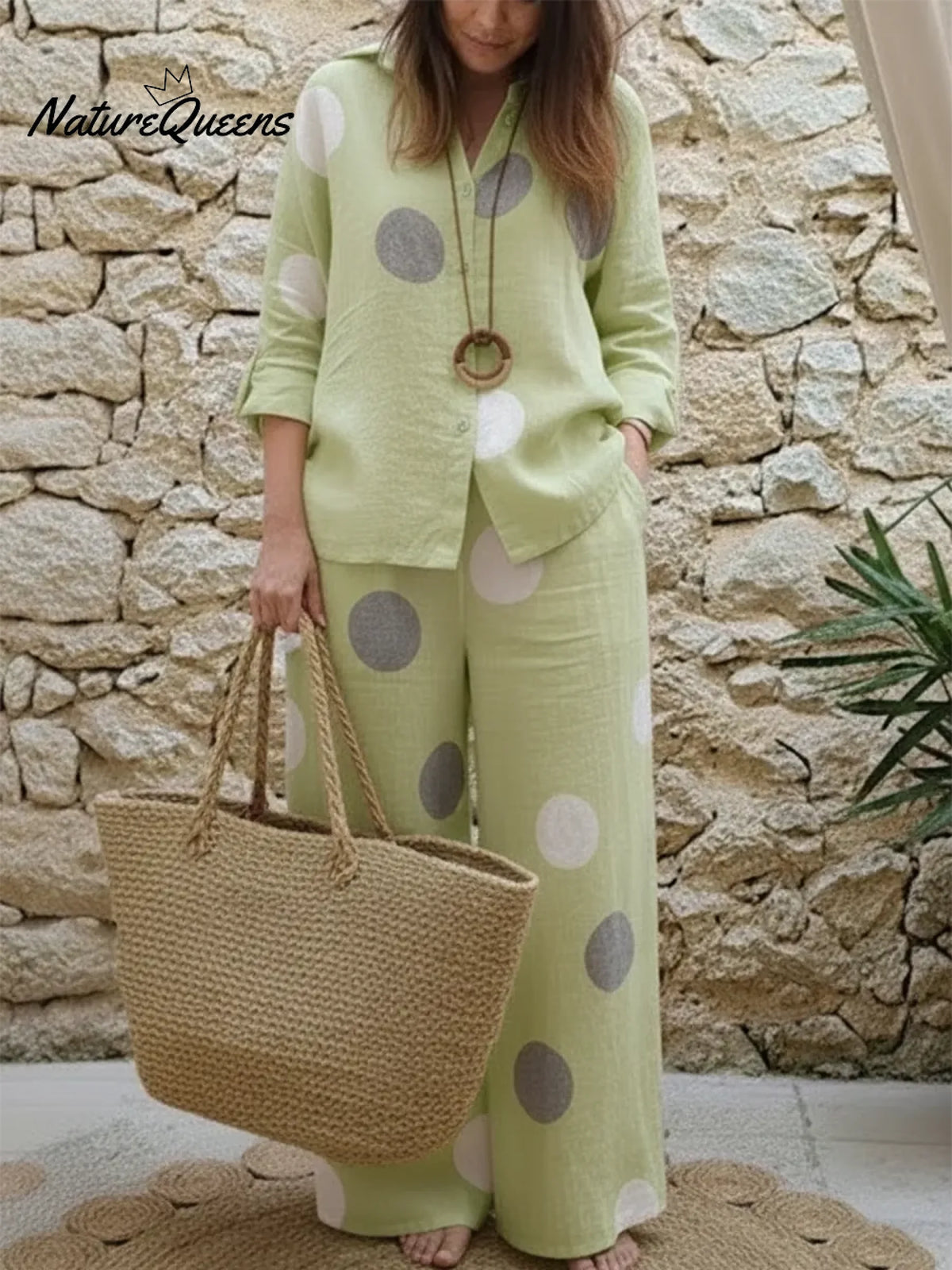 Artistic Polka Dot Print Linen Shirt And Pants Two-piece Set