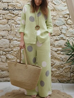 Artistic Polka Dot Print Linen Shirt And Pants Two-piece Set