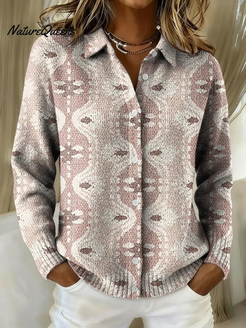 Women's Pink Ethnic Style Patterns Printed Collared Sweater