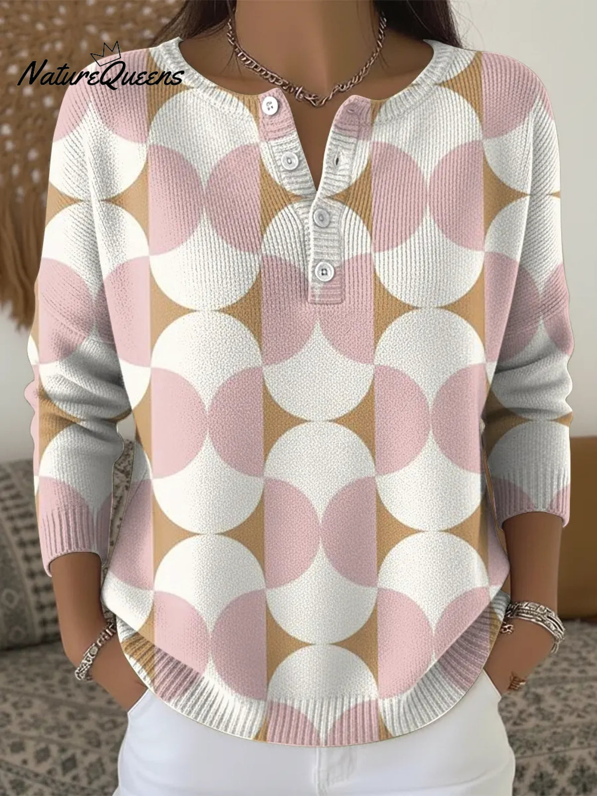 Women's Pink Geometry Casual Printed Sweater