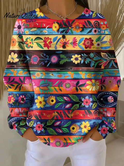 Women's Floral Pattern Art Print Casual Waffle Sweatshirt