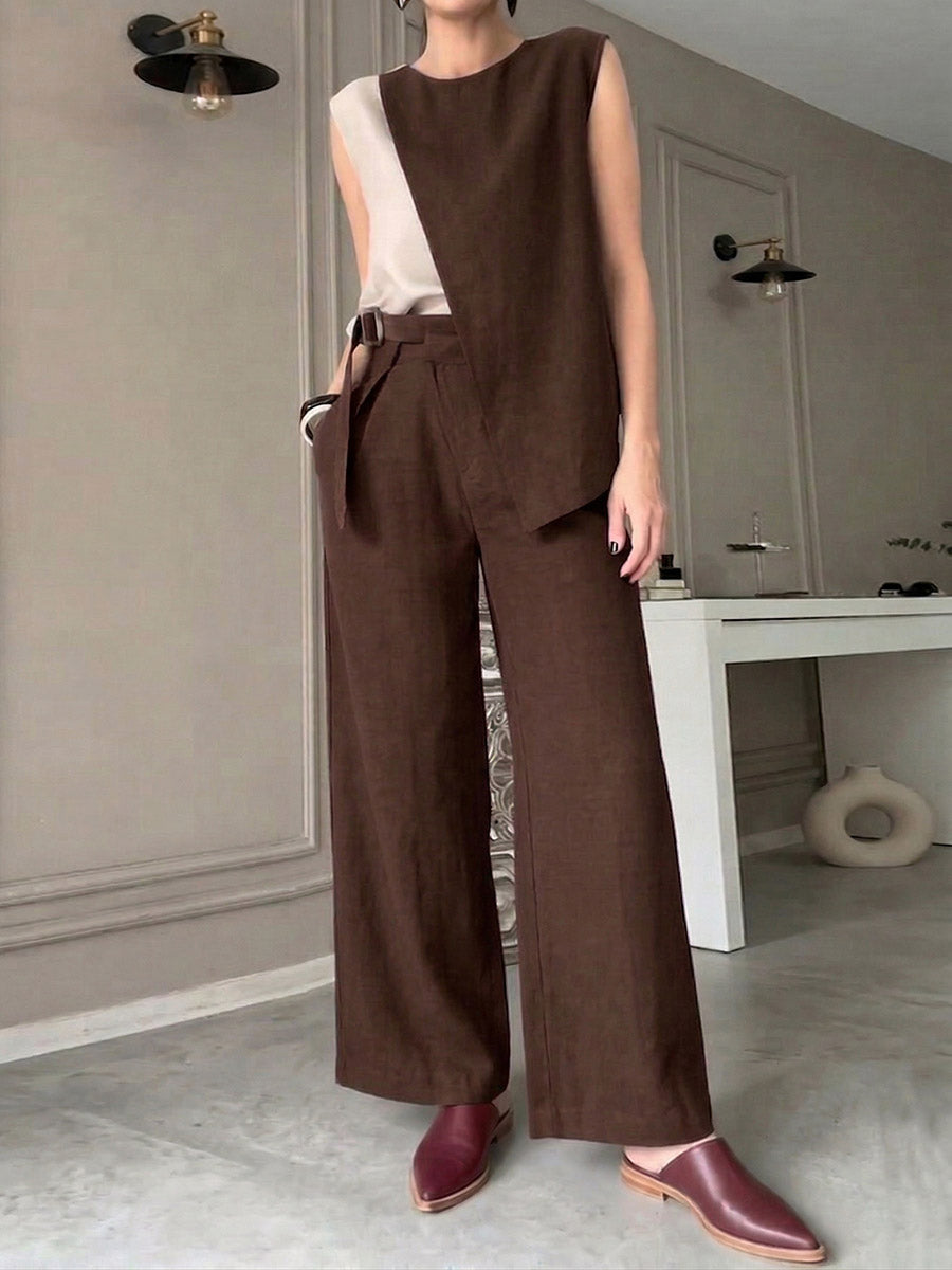 Women's Cotton-Linen Set: Round-Neck Sleeveless Color-Block Top & High-Waisted Loose-Fit Wide-Leg Pants