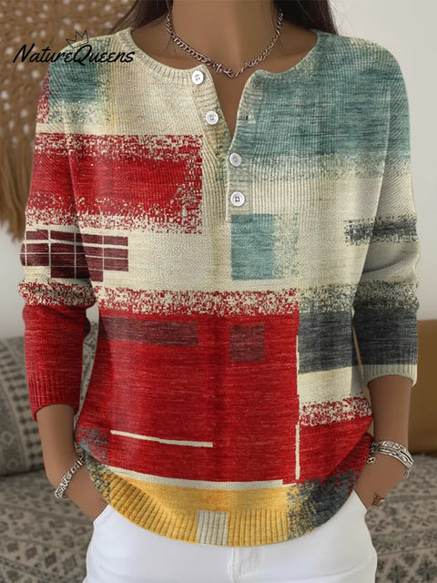 Retro Colorful Geometric Art Print Buttoned Cardigan Sweater