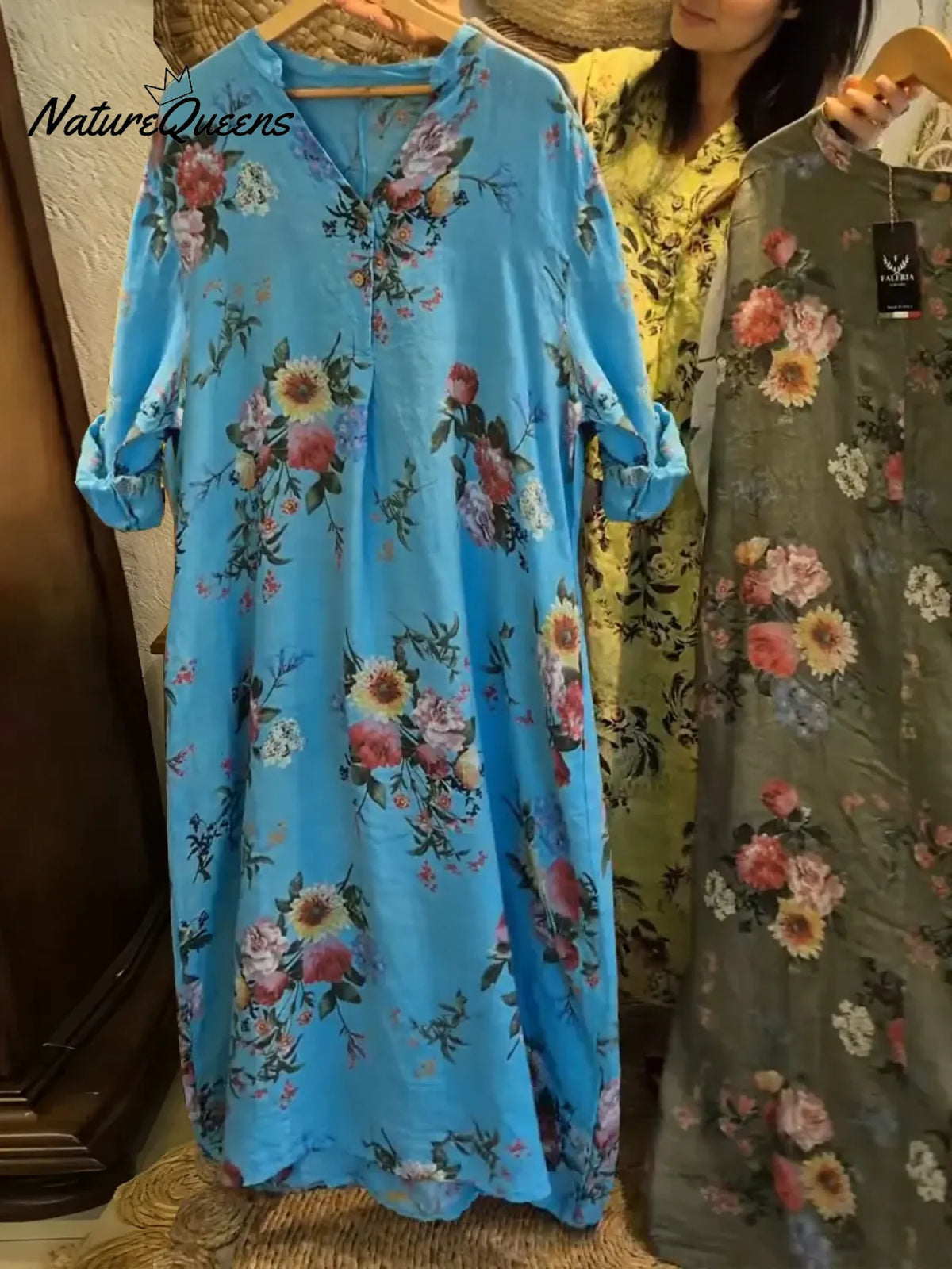 Women's V-neck Long-sleeved Casual Loose Floral Linen Dress