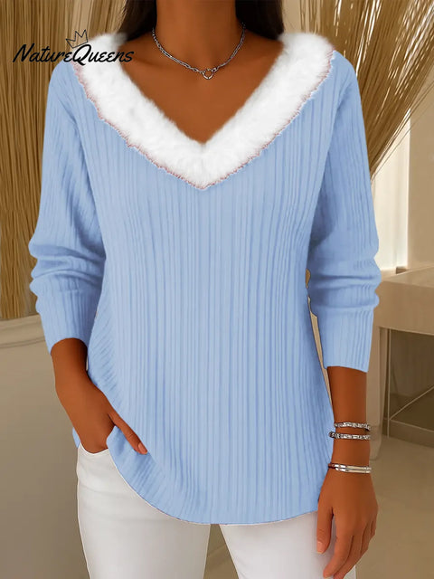 Women's Solid Color V-Neck Long Sleeve Knit Top