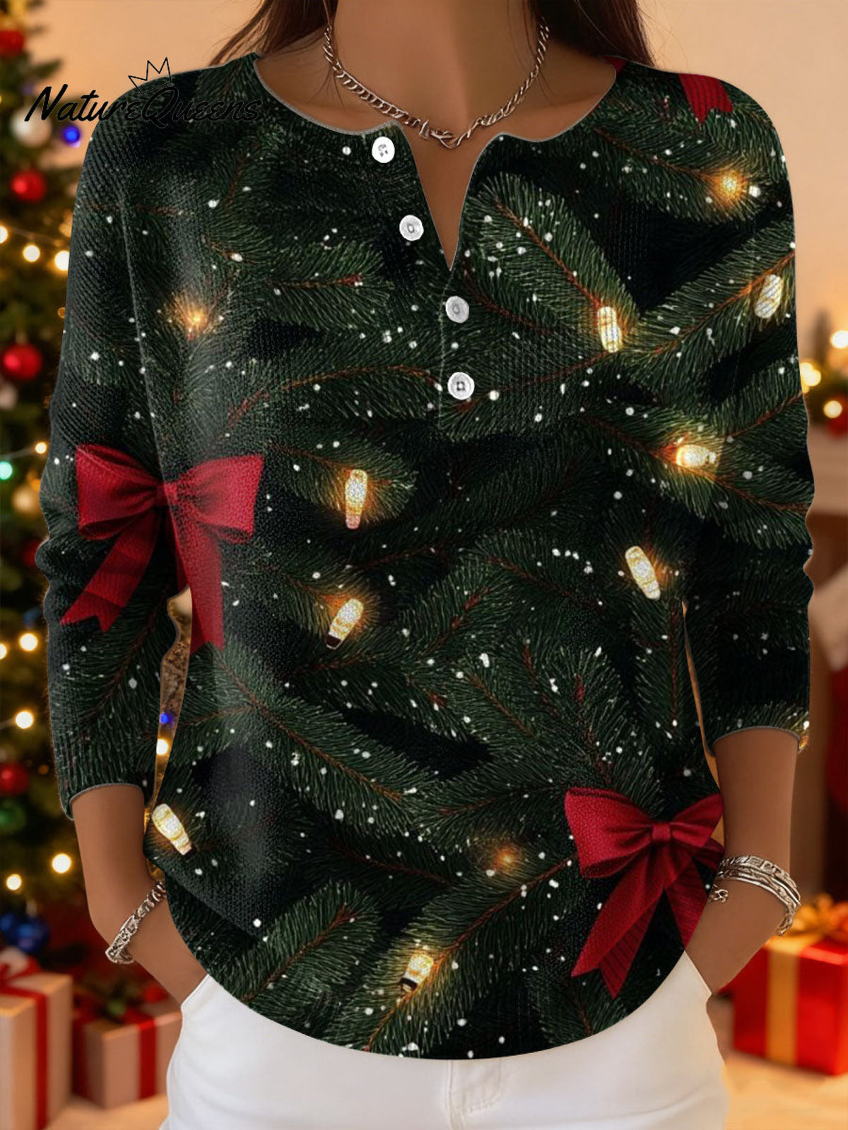 Women's Christmas Pattern Art Print Buttoned Cardigan Sweater