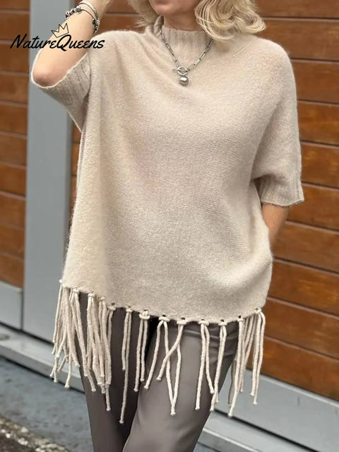 Women's Solid Color Stand Collar Three-Quarter Sleeve Casual Loose Tassel Knit Top