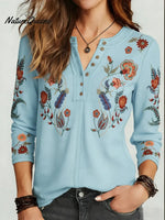 Women's Floral Print Stretch Knit Cotton Henley Top