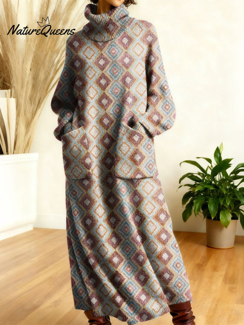Women's Retro Geometric Patchwork High-neck Long-sleeve Casual Loose Knit Dress