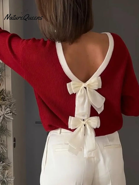Elegant Color-blocked Trim Bow Sweater Pullover