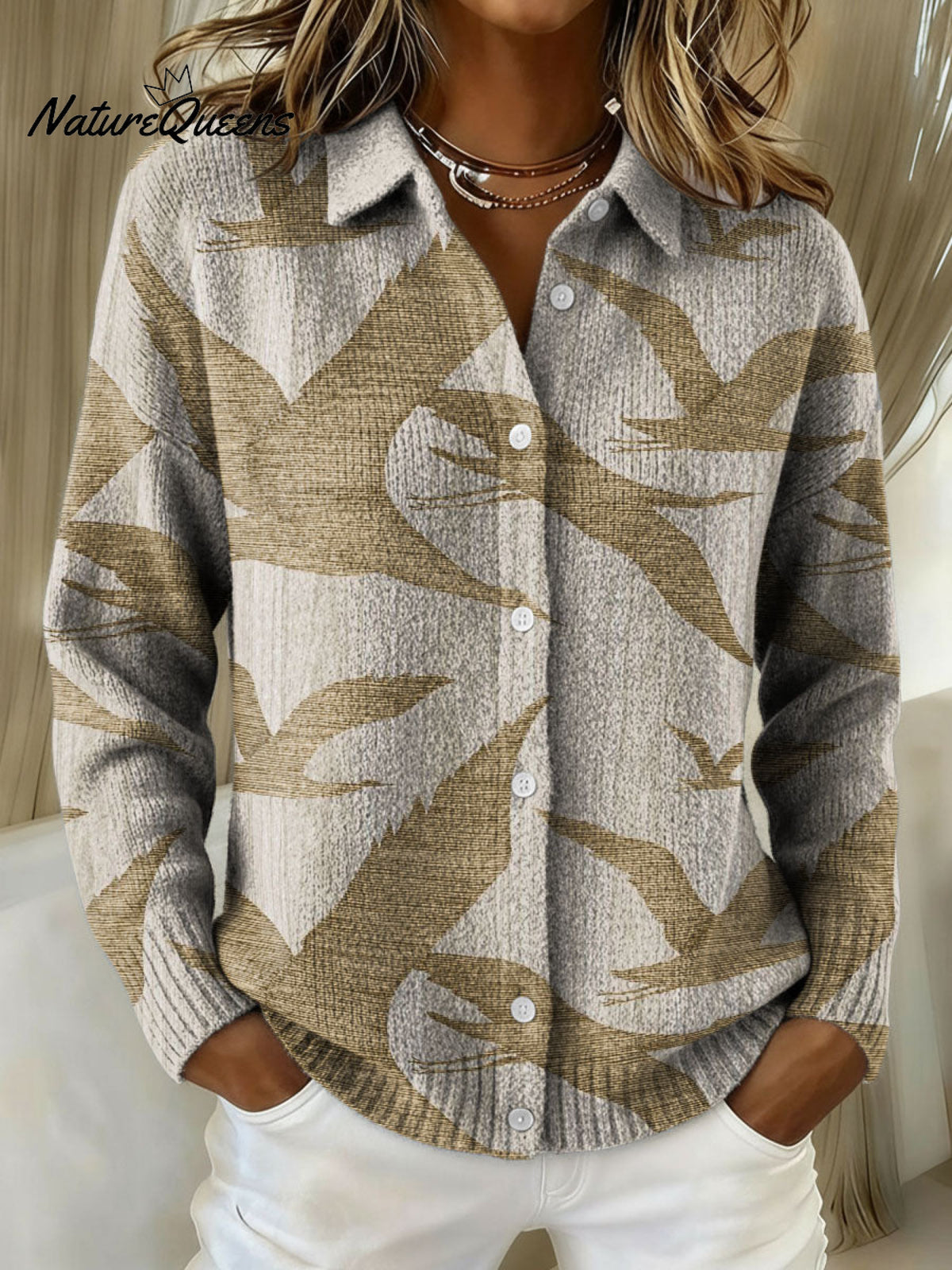 Flying Bird Decorative Pattern Casual Shirt Collar Long Sleeve Sweater