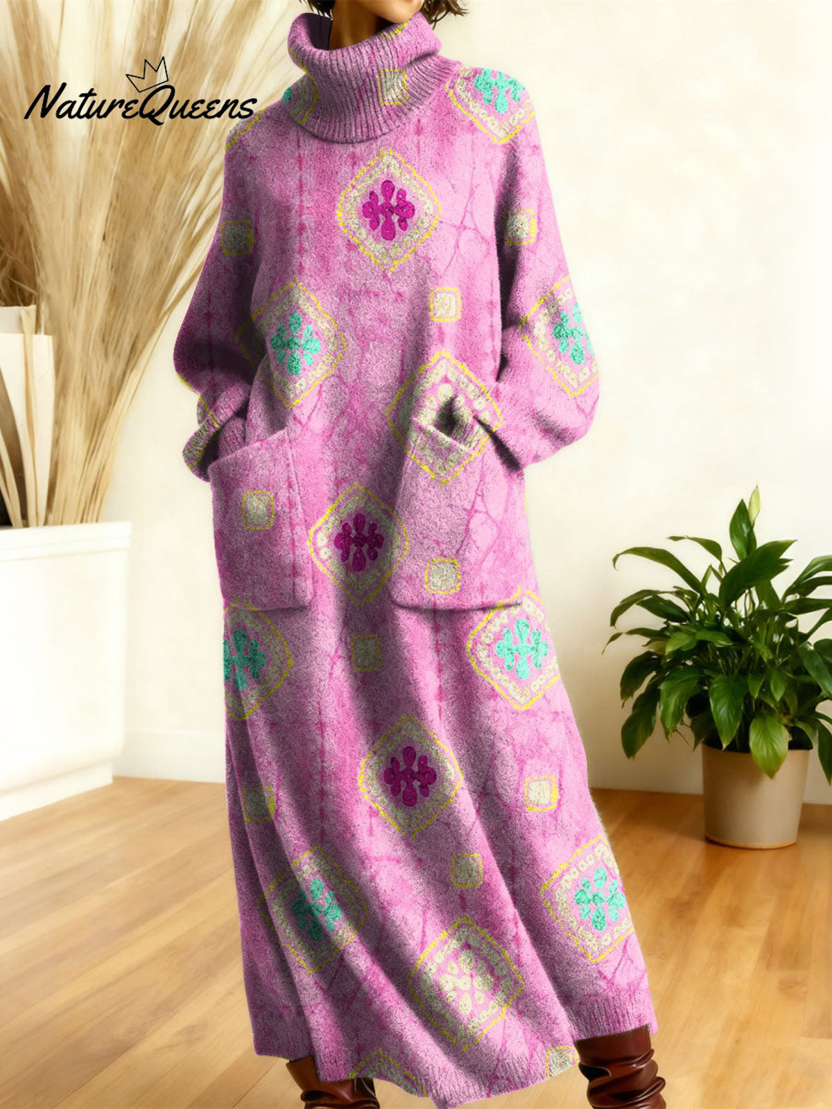 Women's Retro Floral Flowers High-neck Long-sleeve Casual Loose Knit Dress