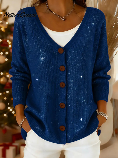 Women's Solid Color V-Neck Casual Loose Sequined Knit Cardigan