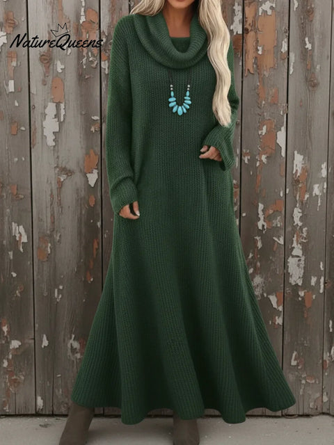 Cozy Cowl Neck Loose A-line Knit Dress