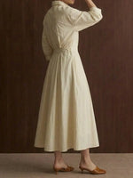 Beige Peter Pan Collar Pockets Cotton Dress Long Sleeve