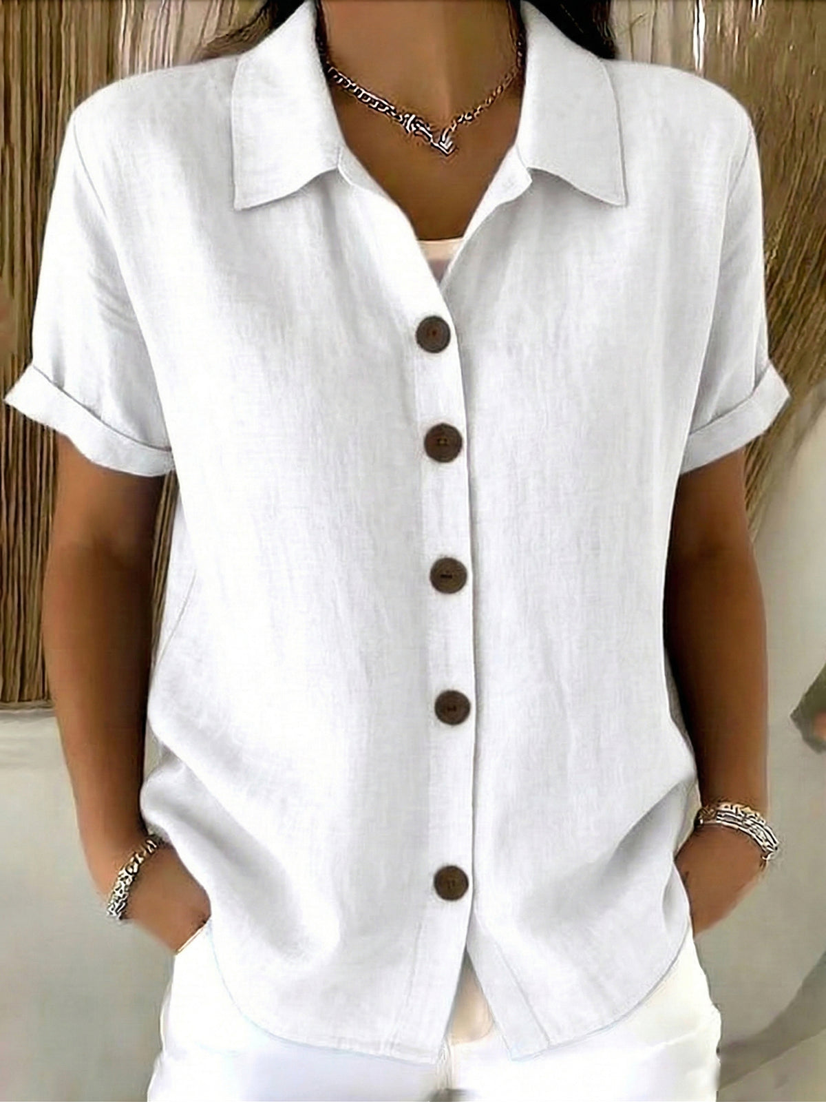 Casual Cozy Basic Button-up Linen-cotton Short-sleeved Shirt