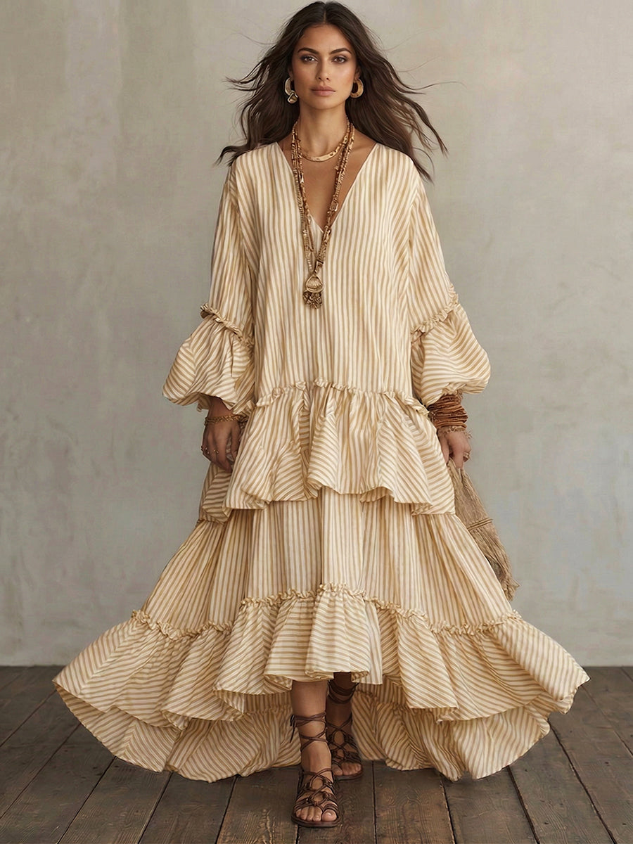 Retro Striped Print Tiered Ruffle Maxi Dress
