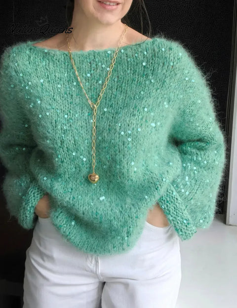 Dreamy Winter Boat Neck Loose Sequined Sweater Top