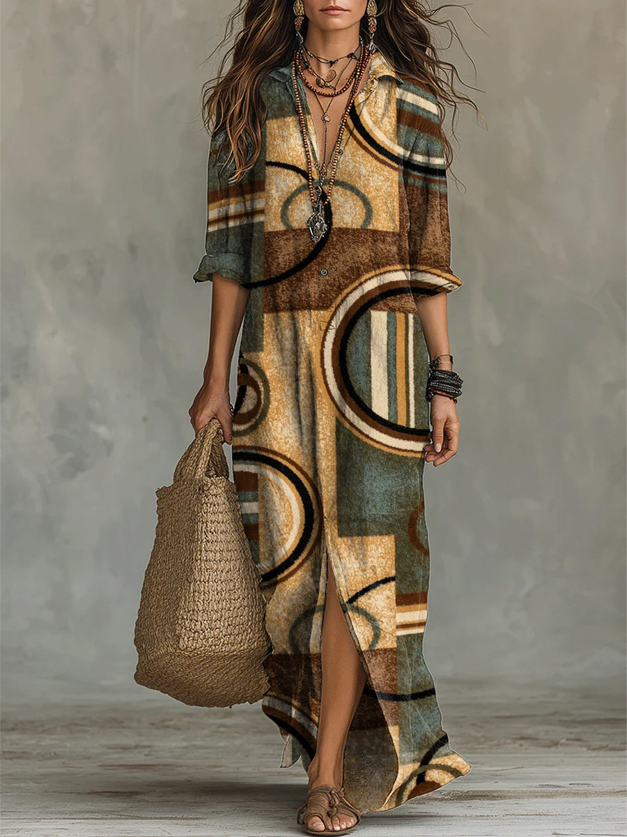 Colorful Geometric Pattern Long Sleeve Cotton Dress