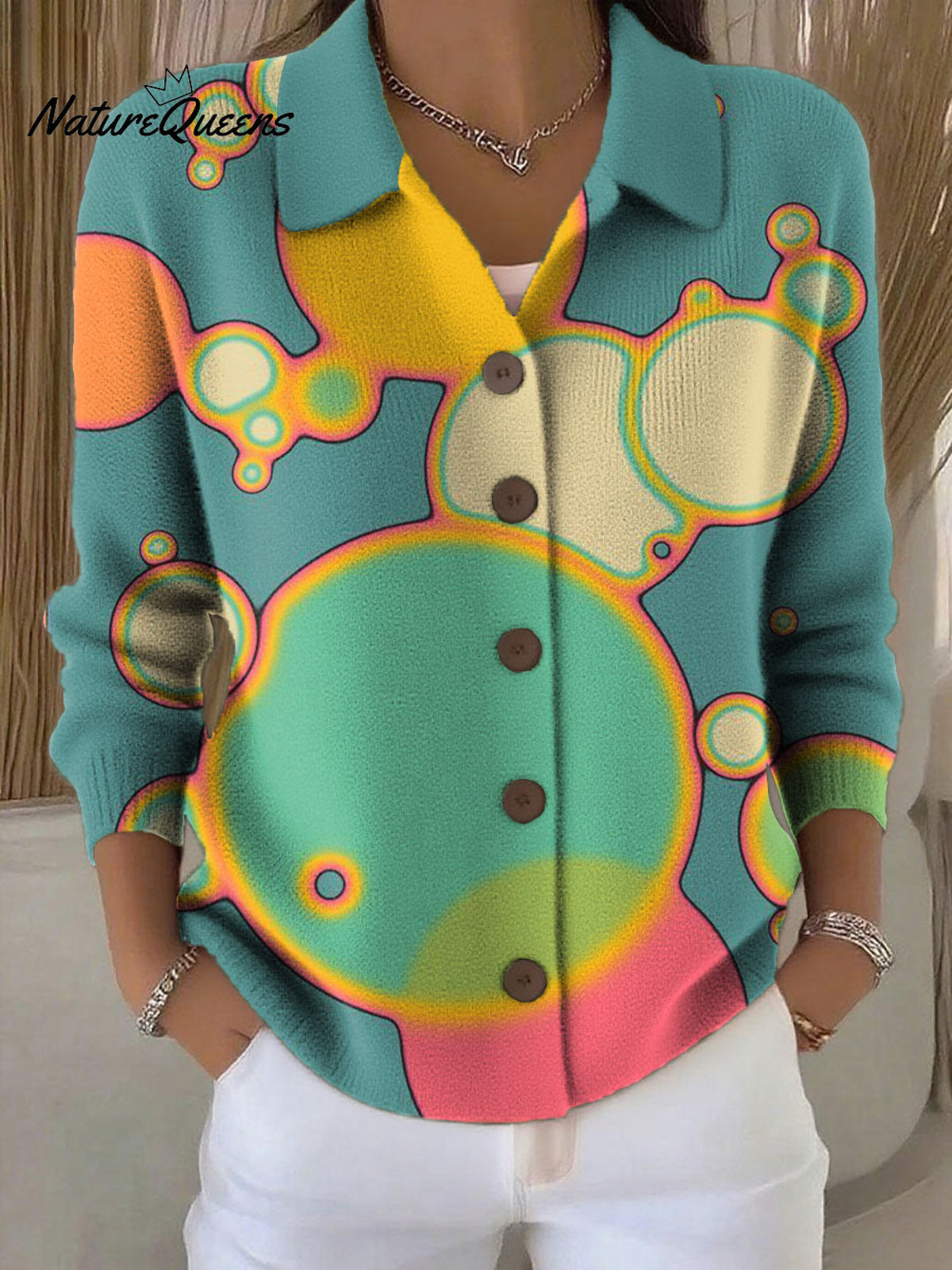 Women's Retro Patchwork Geometric Abstract Pattern Art Print Cowl Neck Sweater