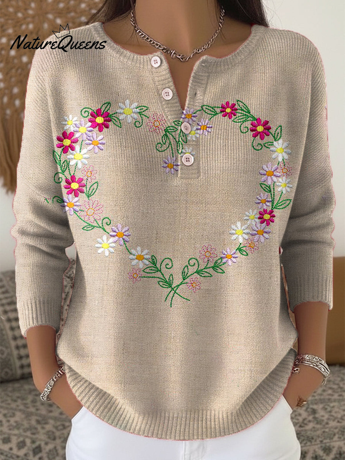 Women's Retro Plaid Heart Art Print Valentine's Day Casual Sweater