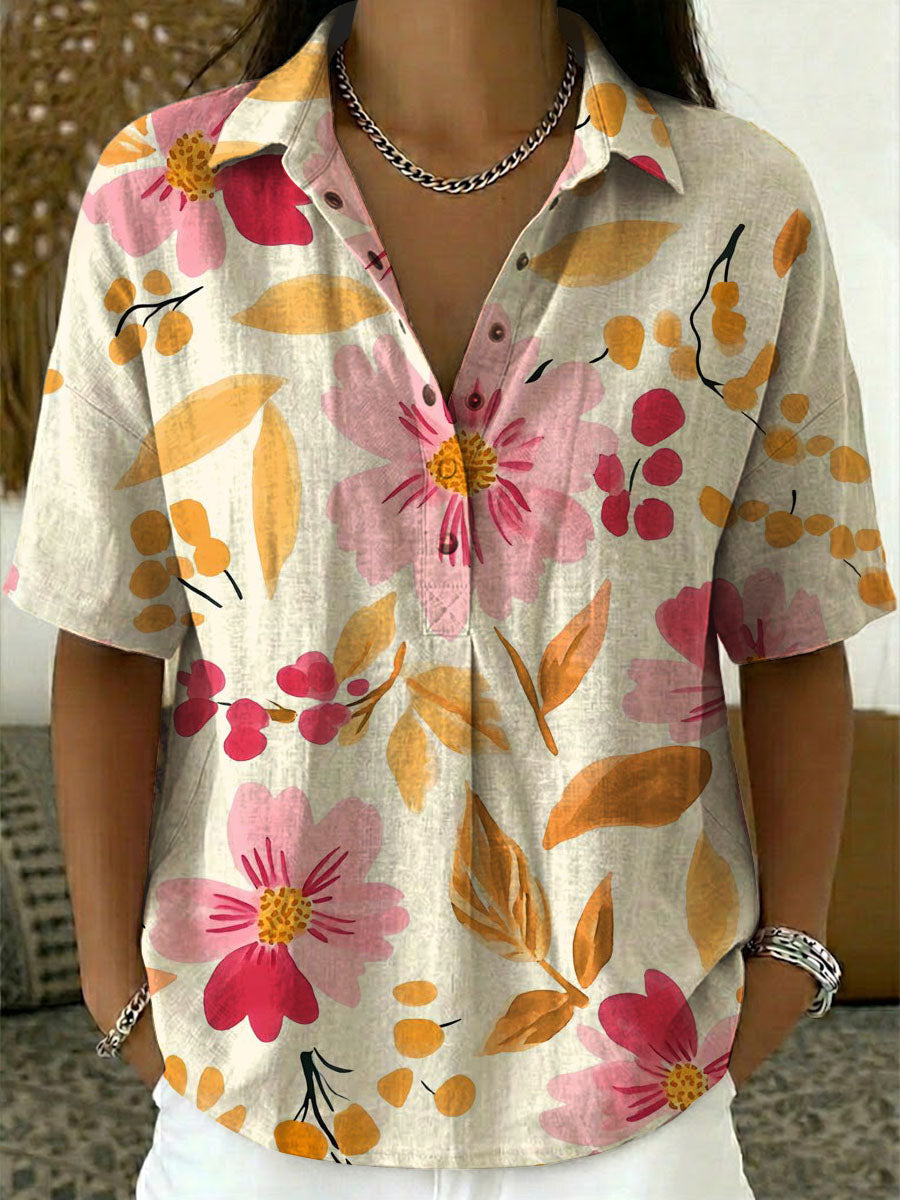 Women’s Flower Print Cotton Linen Polo Shirt