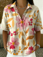 Women’s Flower Print Cotton Linen Polo Shirt
