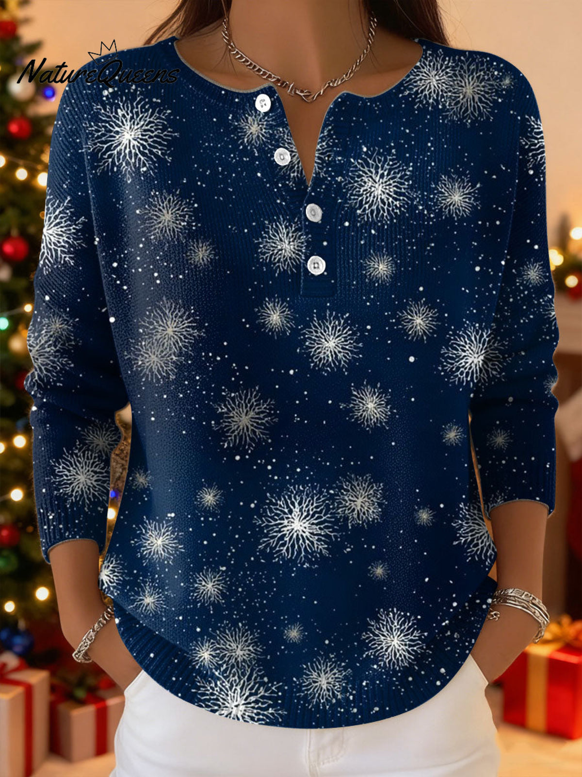 Women's Christmas Snowflake Pattern Art Print Buttoned Cardigan Sweater