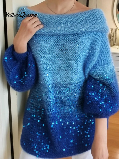 Dreamy Gradient Off-shoulder Loose Sequined Sweater Top
