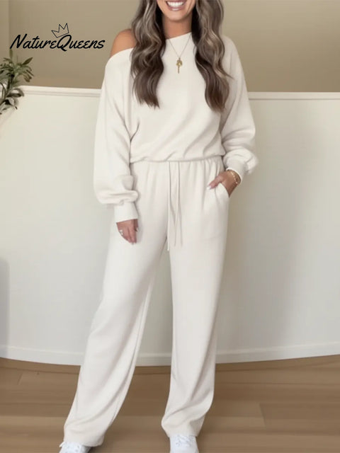 Cozy Travel Off-shoulder Sweatshirt And Pants Two-piece Set