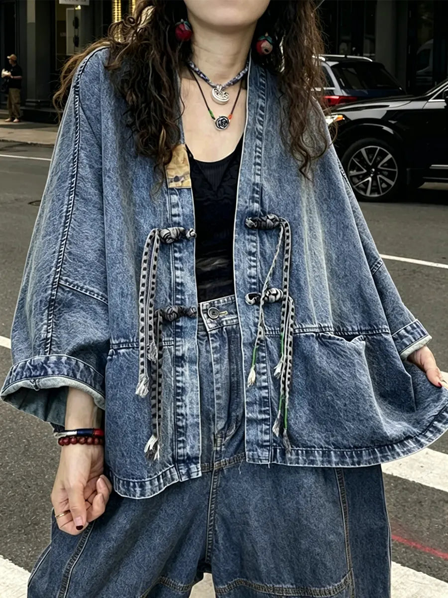 Loose Blue V Neck Button Patchwork Denim Coats Long Sleeve