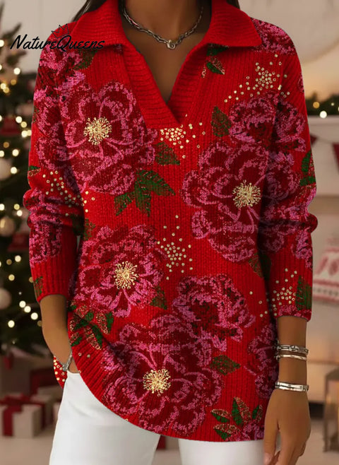 Women's Floral Art Print Casual Cotton Sweater