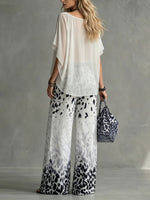 Women's Printed Chiffon Short-sleeve Top And Trouser Set (round Neck)