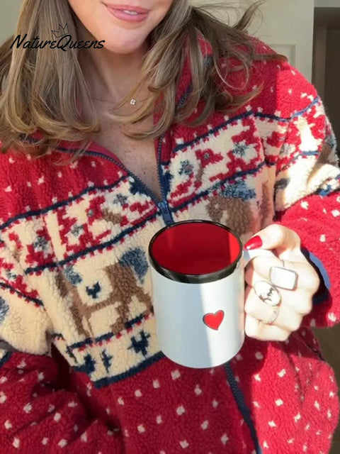 Cozy Lambswool Reindeer Print Zip-up Hooded Jacket