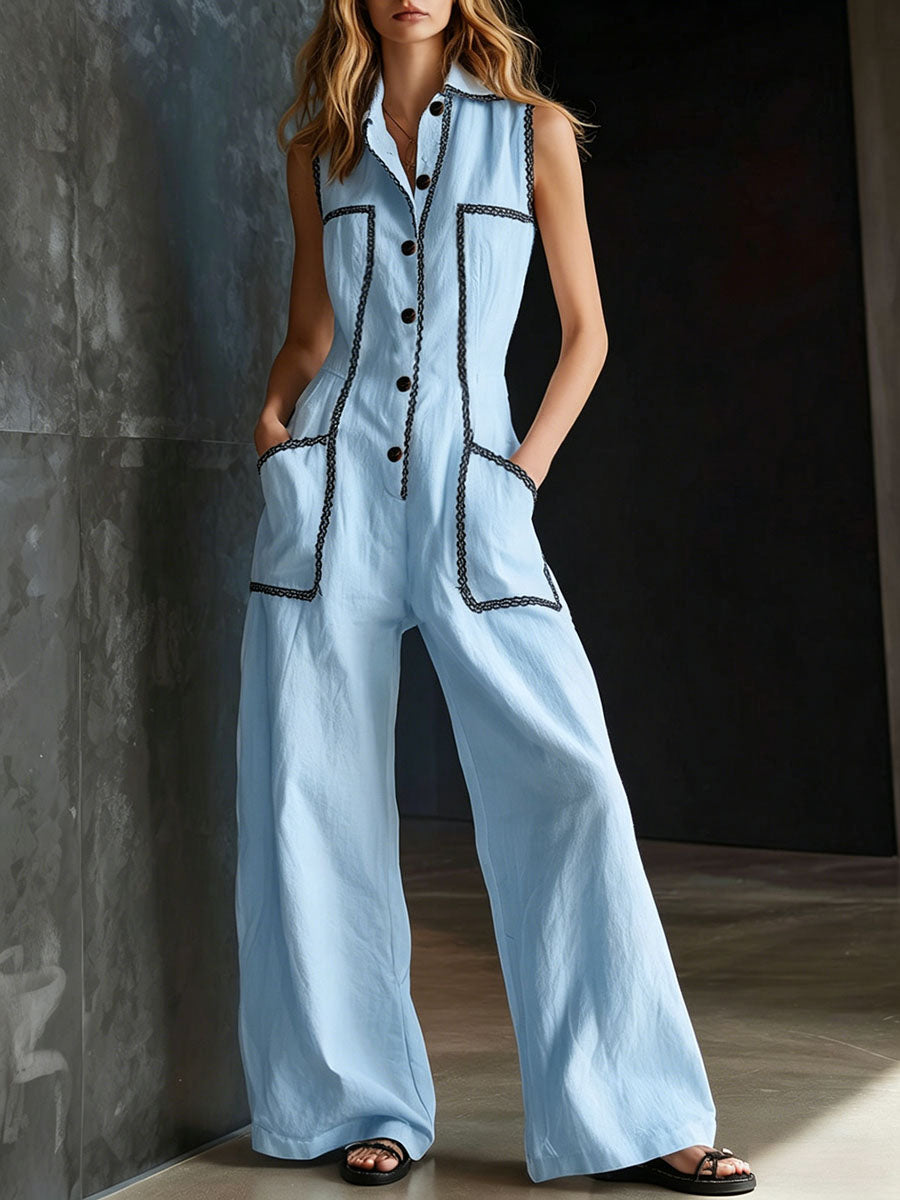 Women's Lapel Sleeveless Casual Loose-fit Cotton-linen Wide-leg Jumpsuit