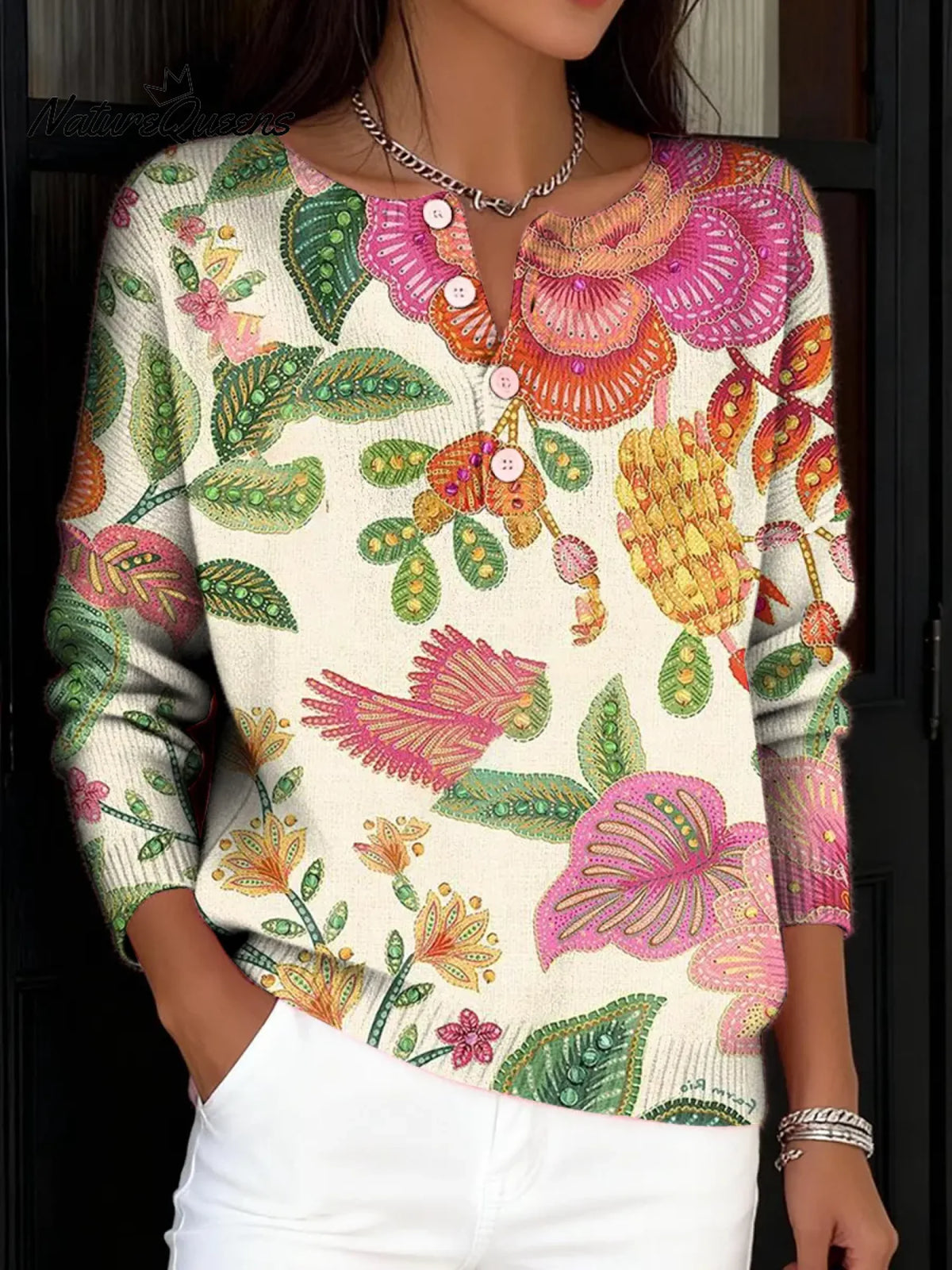 Women's VintageFlower Pattern Art Print Buttoned Cardigan Sweater