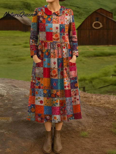 Women's Retro Patchwork Plaid Print Cotton Lapel Button-Down Shirt Dress