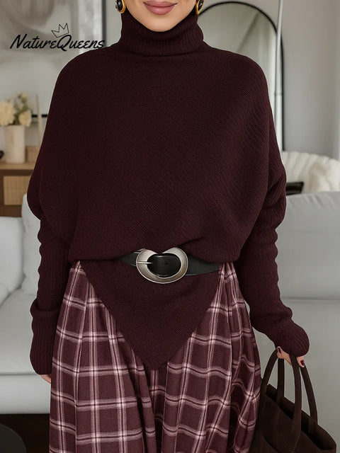 Women's Solid Color Turtleneck Long-sleeved Casual Loose Irregular Hem Pullover Knit Sweater