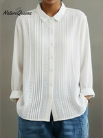 Women's Patchwork Lace Trim Linen And Cotton Pleated Shirt