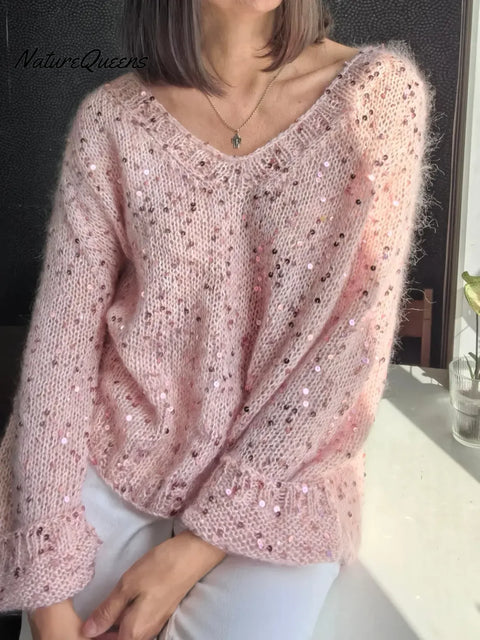 Dreamy Winter V-neck Loose Sequined Sweater Top