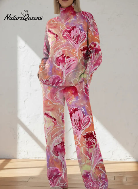Women's Floral Pattern Art Print Casual Knitted Cotton Top Pants Suit