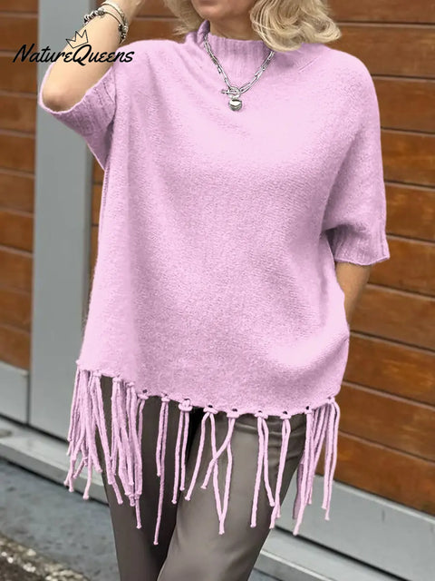 Women's Solid Color Stand Collar Three-Quarter Sleeve Casual Loose Tassel Knit Top