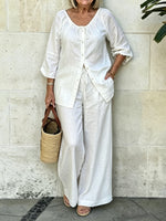 Women's Drawstring Button Top And Loose Casual Pants Two-piece Set