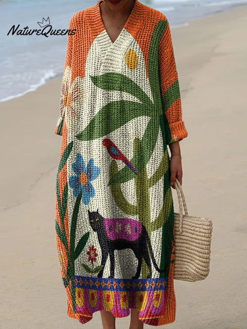 Exotic Garden Black Panther Decorative Pattern Women's Casual V-collar Long Sleeve Dress