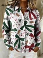 Women's Christmas Bow Printed Collared Sweater